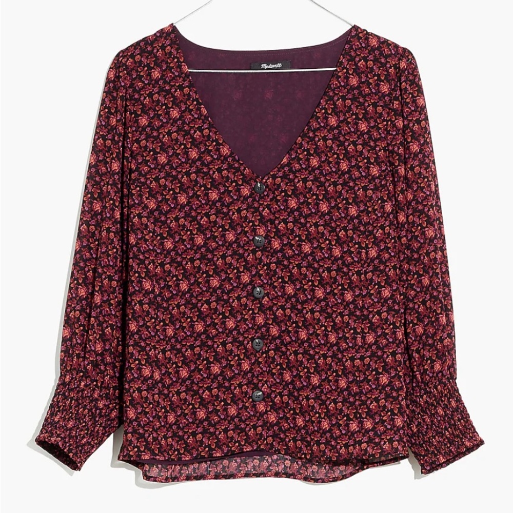 Madewell Georgette Smocked-Cuff Button-Front Floral Top in Orchard Floral size 6